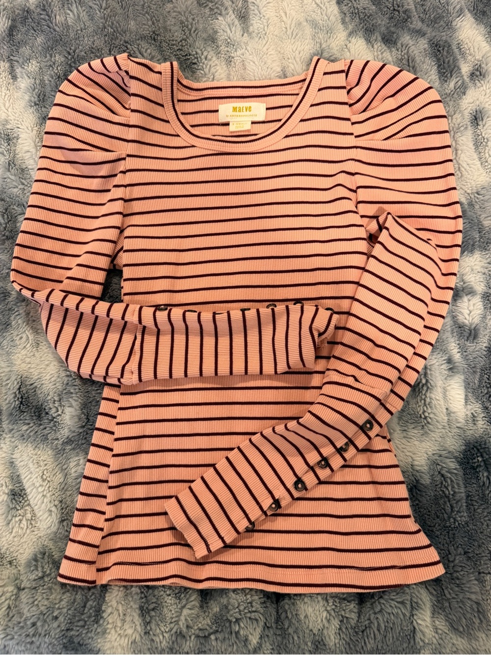 Maeve Pink and Brown Striped Puff-Sleeve Ribbed Long-Sleeve Top